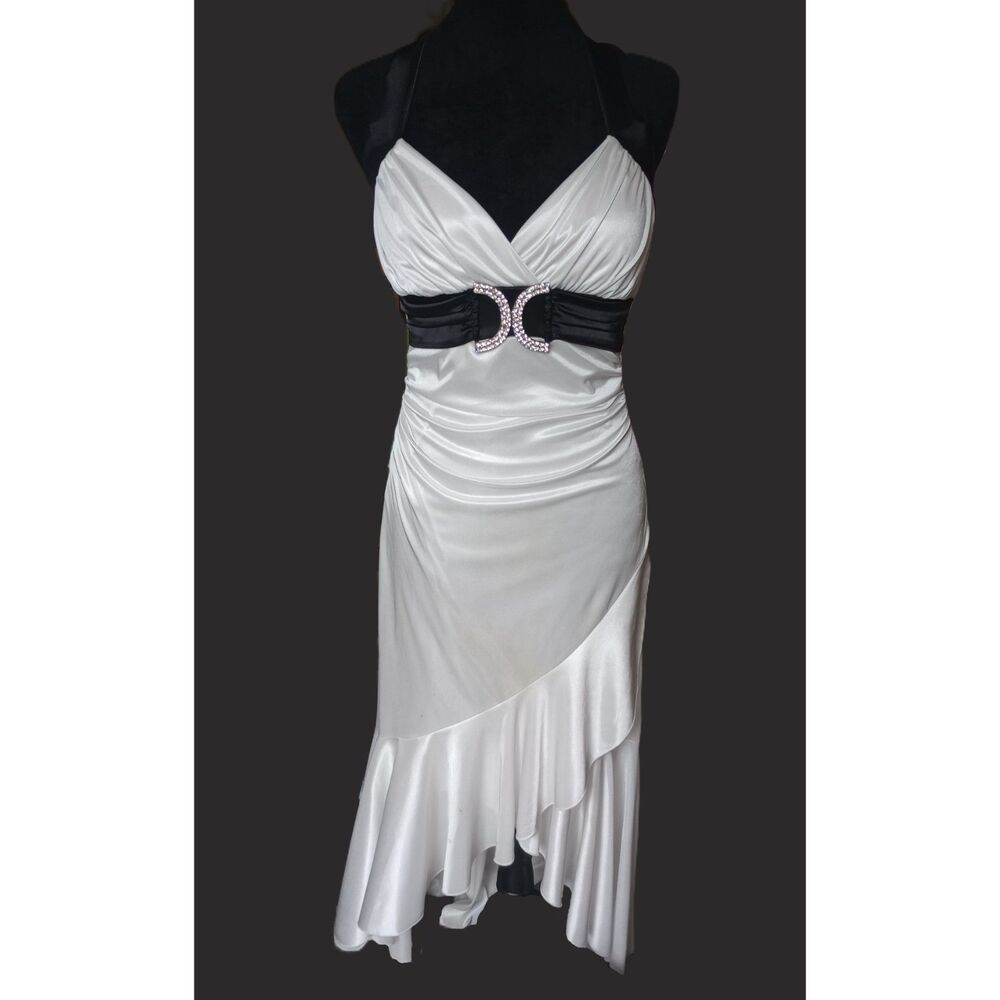Debs Women's M White With Black Trim Satin Asymmetrical Midi Dress, NWT, Vtg